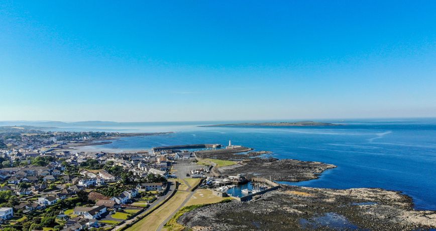 Birds eye view of Donaghadee with Copeland Islands in the distance